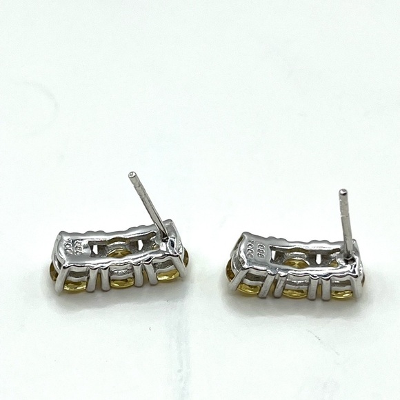 Sterling Silver 925 Yellow Gemstone Stud Earrings. 3 Gemstones Prong Set - Picture 8 of 11